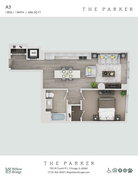 Floor plan for 1 bed, 1 bath, 686 sqft